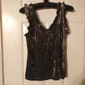 💚 Luscious Shimmering Italian Moss Olive Green Crushed Velvet Ruffled Top - M